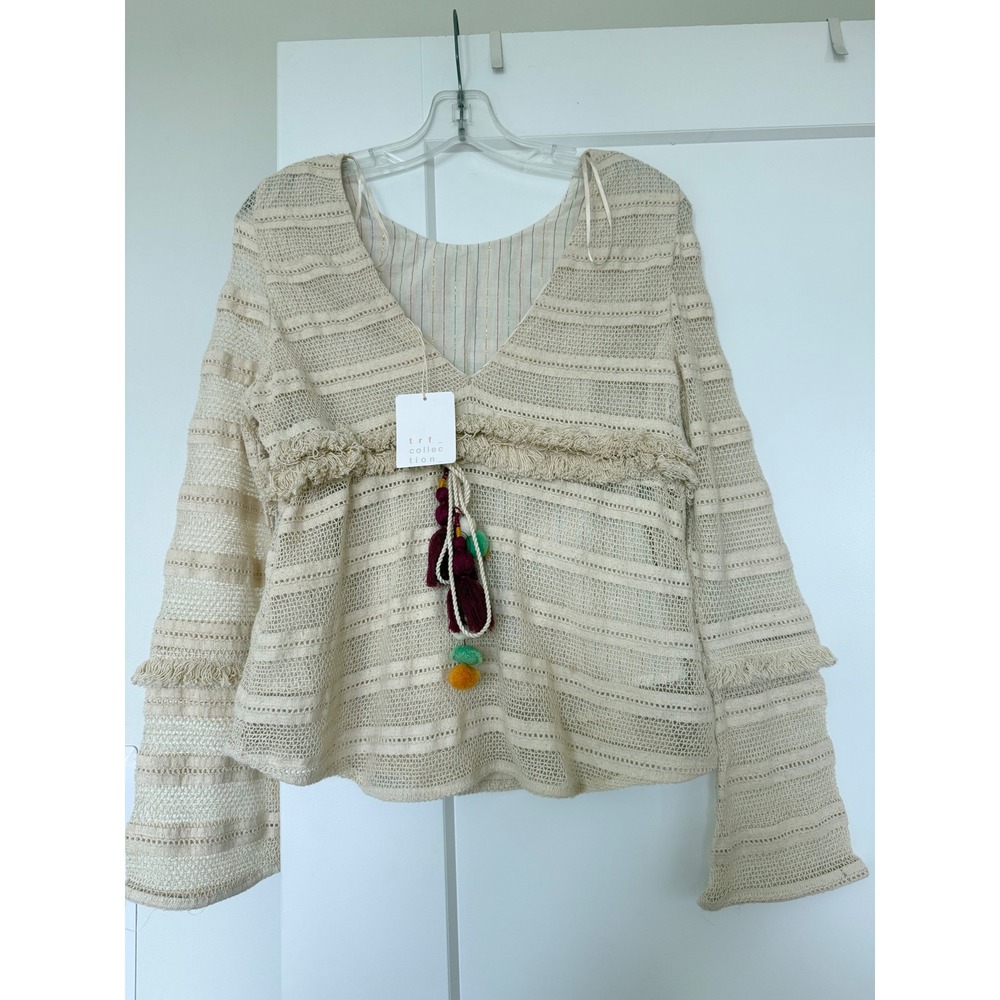 Zara TRF Boho Crochet Knit Top Cream V-Neck Tassel Pom Pom Bell Sleeve Small NWT